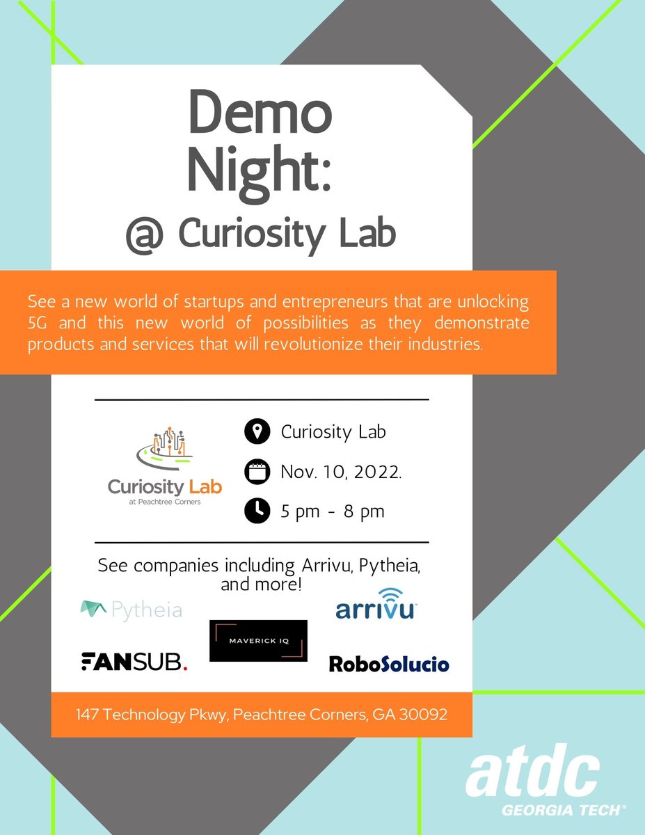 <a href="/CuriosityLabPTC/">Curiosity Lab at Peachtree Corners</a> is hosting a DEMO DAY on November 10th from 5 - 8 pm showcasing companies using #5G. Register here: portal.atdc.org/s/community-ev…