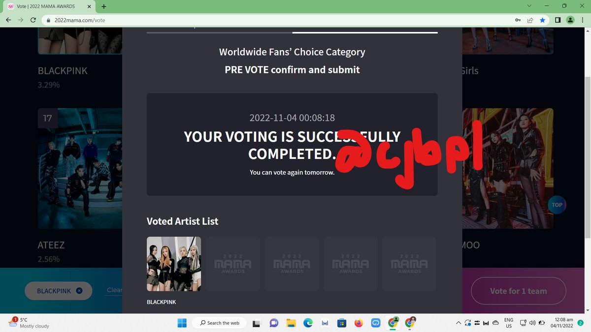 cjbpl's tweet image. 11-04-2022

I’m voting for BLACKPINK (#BLACKPINK    / 
@BLACKPINK ) for Favorite K-Pop Artist at the #AMAsN