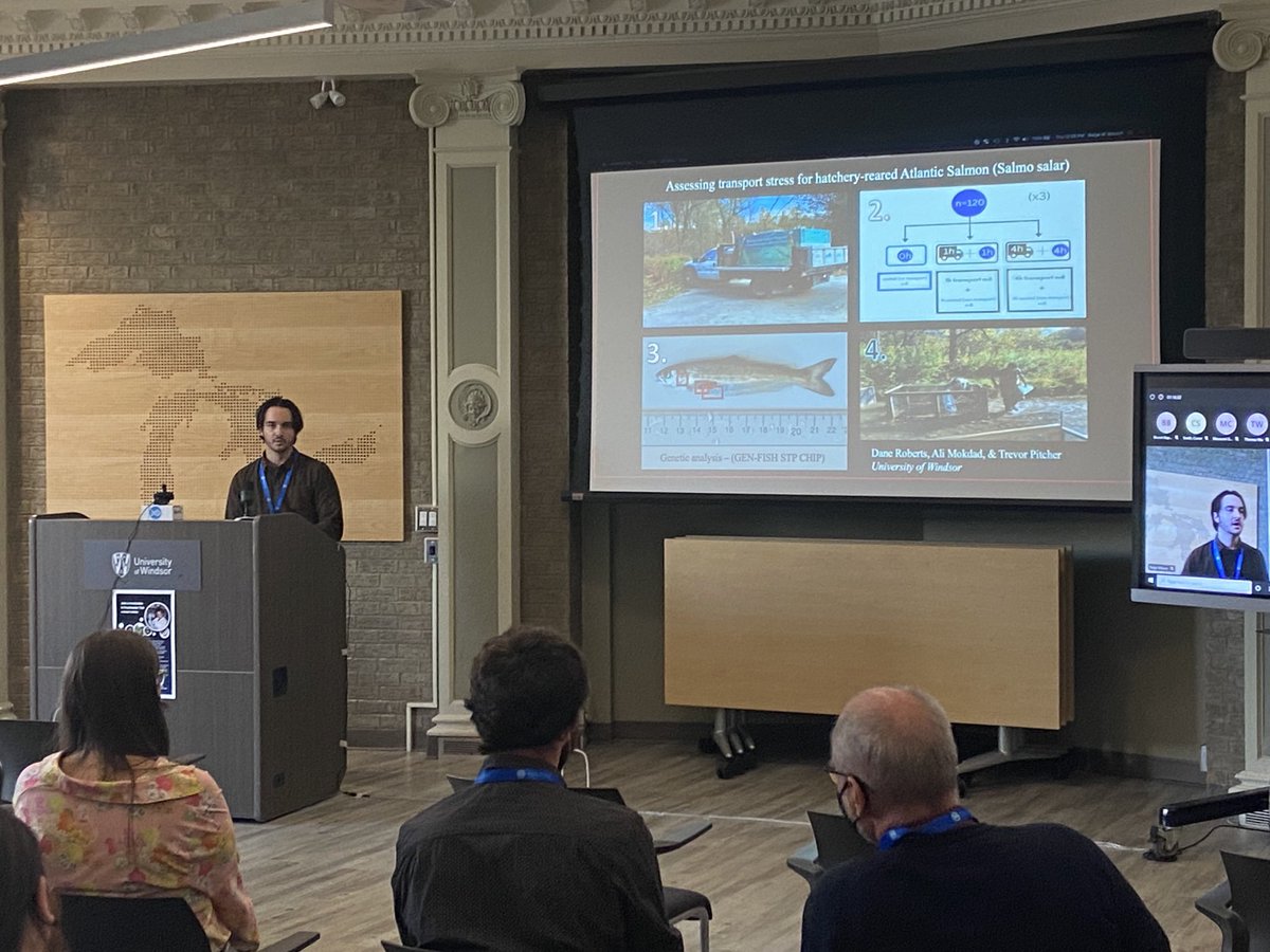⁦<a href="/itsdaneroberts/">Dane Roberts</a>⁩ giving summary of his ⁦@GEN_FISH_CAN⁩ research on transport stress for #GreatLakes Atlantic salmon reintroduction efforts with ⁦<a href="/Imokaydad/">Ali Mokdad</a>⁩ ⁦and co-supervised by ⁦<a href="/C_Madliger/">Christine Madliger</a>⁩