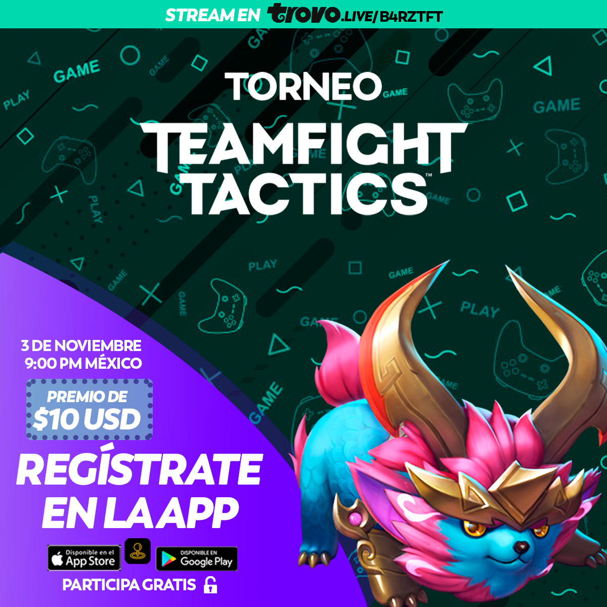 GamershipMX's tweet image. ✨¡Los mejores torneos, los mejores juegos en un SOLO LUGAR!✨

Torneo de #TeamFightTactics junto a @B4rzTFT

🕹03 Noviembre a las 🕜 9:00PM | CDMX 
🕹10 USD en Premio💰

 Por 📺: trovo.live/B4rz
¡Ven, demuestra quien es el mejor! 😎✨