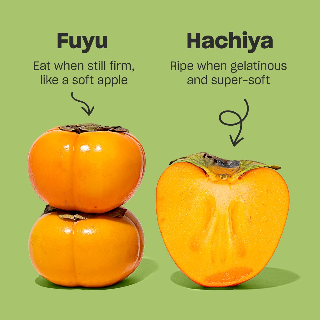 Think of fuyu and hachiya persimmons as fraternal twins—they might have a ton in common, but their differences define them. Hachiyas are best snacked on whole when they’re super soft, while fuyus can be eaten when firm (making them contenders for salads, toast, and cheeseboards).