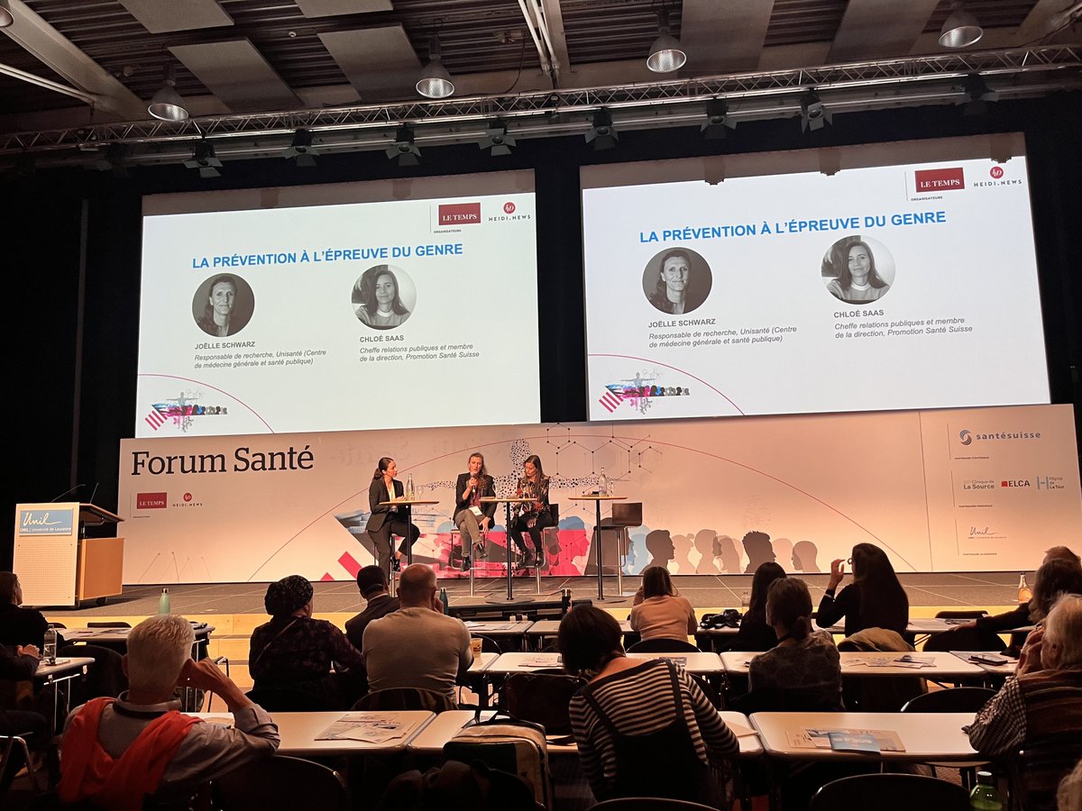 LeTemps's tweet photo. La prévention à l’épreuve du genre: table ronde entre Chloé Saas (cheffe RP et membre de la direction de Promotion Santé suisse), Joëlle Schwarz (responsable de recherche @unisantevd) et @Sylvielogean (cheffe rubrique science @letemps). #ForumSante @unil https://t.co/gdEgVXmcGy