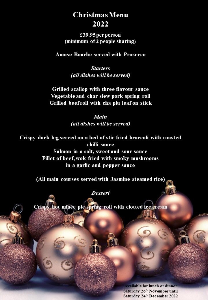 Enjoy the Jingle-Jangle of the bells &amp; all those lovely Thai Food smells. 
Chef Noi has outdone himself this year. 
Our Xmas set menu is looking great. £39.95pp with a min of 2 people sharing the choices. 
Available from Sat 26 Nov until Sat 24 Dec 2022.