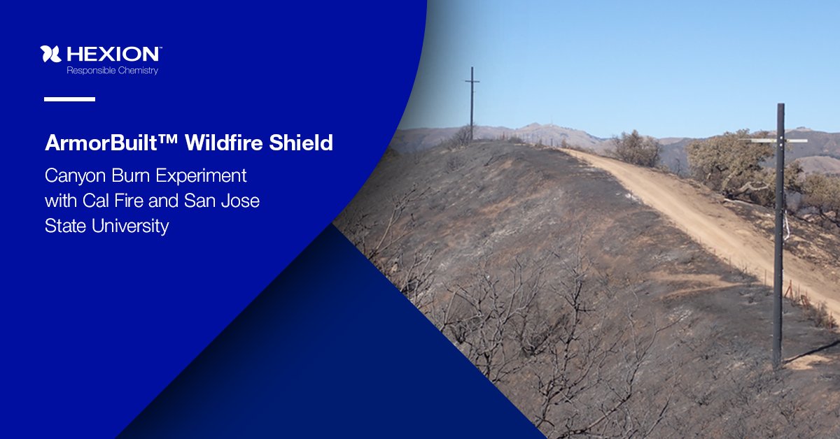 Hexion partnered with San Jose State University, Cal Fire, PG&amp;E, &amp; Stella Jones on an unprecedented canyon wildfire study. As part of the study, utility poles wrapped in our ArmorBuilt™ Wildfire Shield were subject to 1,100°C temps for 10 min. More here: bit.ly/3FHpk9l