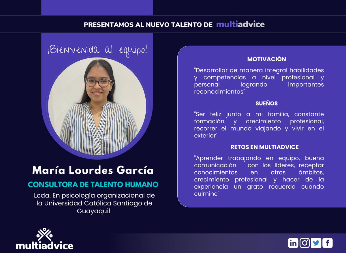 multiadvice_ec's tweet photo. ¡Bienvenida al equipo! María Lourdes García se une a la familia #Multiadvice💎

🔑Te deseamos el mejor de los éxitos y estamos seguros que el aporte desde tu área será fundamental para que sigamos creciendo💡

#Multiadvice #MaríaLourdesGarcía #ConsultoraMultiadvice #TalentoHumano https://t.co/oaD0xWUjij