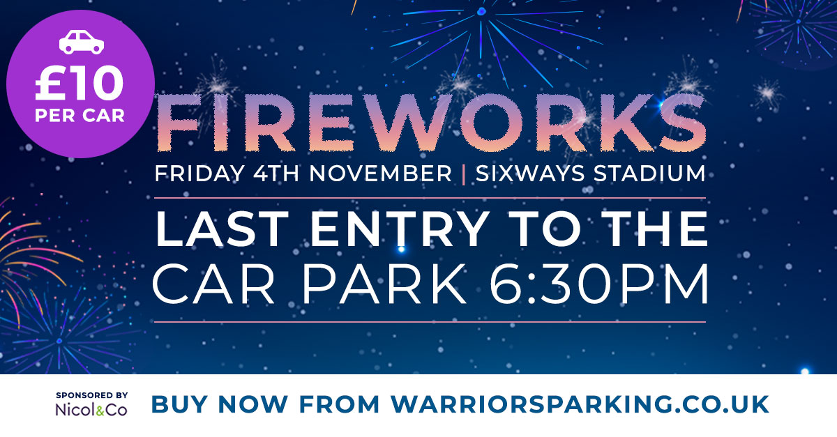 Excitement is building for our fireworks night tomorrow! If you've got your fireworks tickets, don’t forget to buy your pre-paid parking ticket before you arrive at Sixways. 

🚗 Visit warriorsparking.co.uk. Last entry to the car park is 6.30pm. Fireworks display starts 7.30pm.