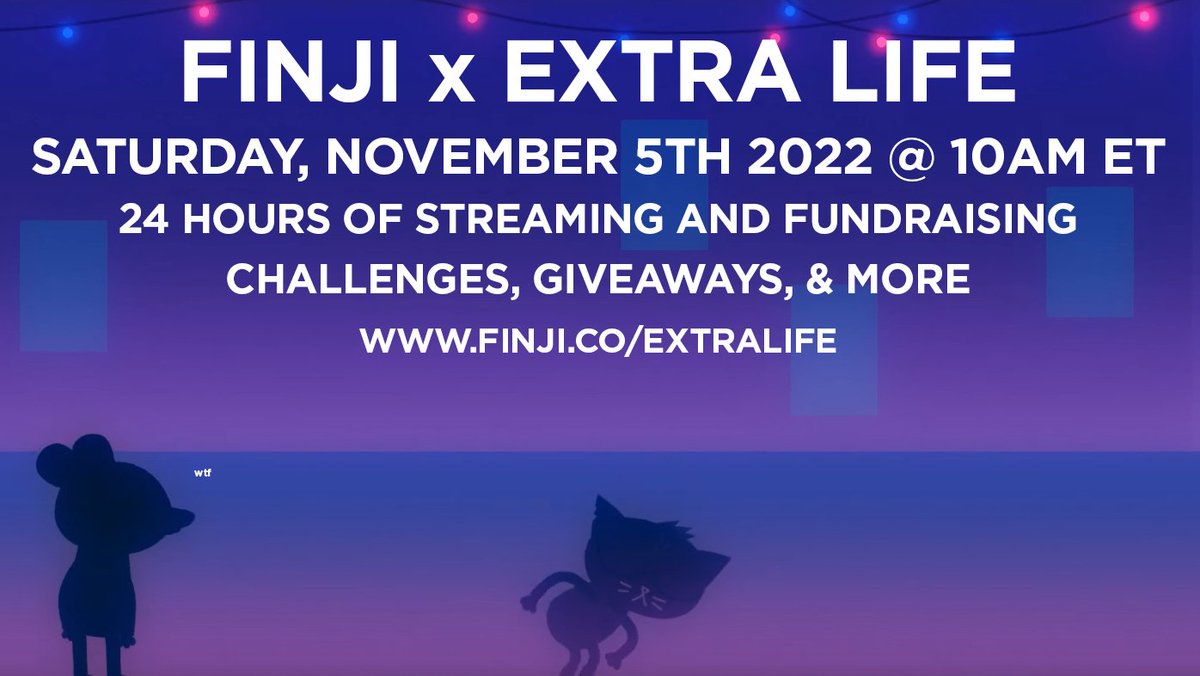 Gamers, Pals, Friends o' Mine:

We're happy to announce that this SATURDAY, NOVEMBER 5TH we'll be hosting a 24 hour Twitch stream marathon benefitting <a href="/ExtraLife4Kids/">Extra Life</a>. Your donations will trigger silly food challenges, enter you to win prizes, and more.

finji.co/extralife
