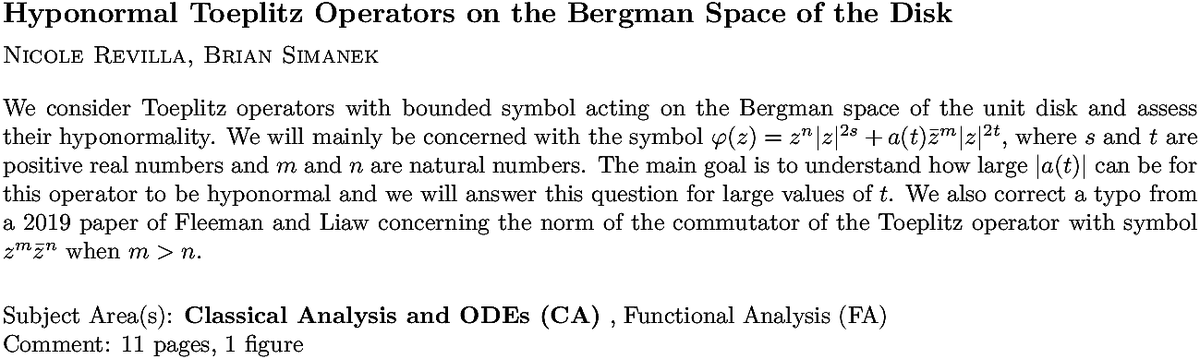 arxiv.org/abs/2211.00760…
N Revilla, B Simanek
Hyponormal Toeplitz Operators on the Bergman Space of the Disk