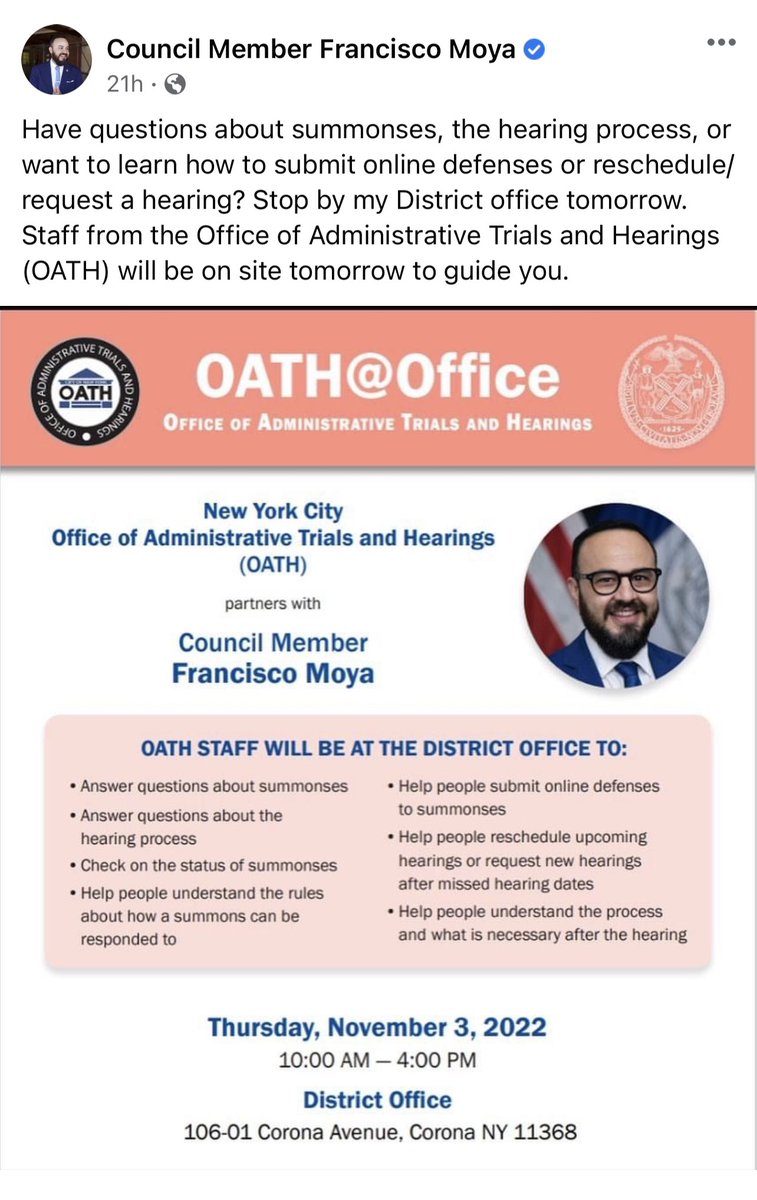 If you have questions about your summons or the hearings process, stop by and see <a href="/oathnyc/">NYC OATH</a> at Council Member Moya’s <a href="/CMFranciscoMoya/">Council Member Francisco Moya</a> district office today.