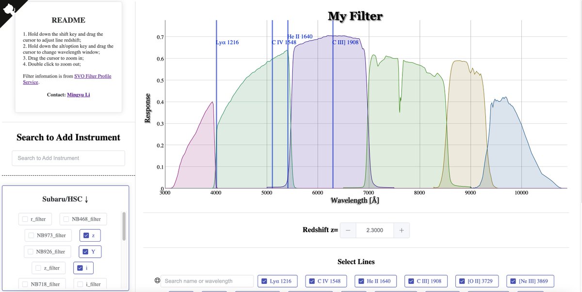 lmytime's tweet image. I develop a web app providing interactive visualization of the transmission curve of astronomical filters.
You can check the location of spectral lines at different redshifts, and can also check which filters can touch that lines.
App link: preview.lmytime.com/myfilter