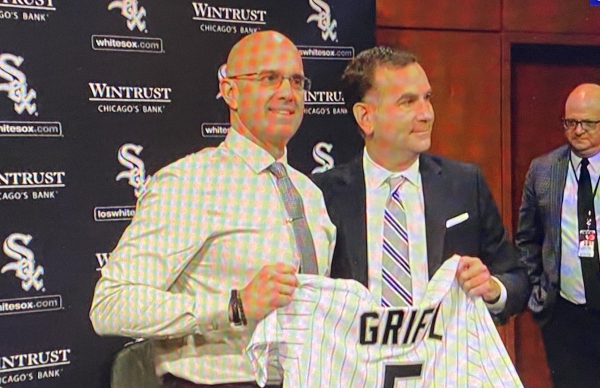 Jersey Time For The White Sox New Manager: Pedro Grifol poses with GM Rick Hahn at his introductory news conference at Guaranteed Rate Field. Watch the news conference on #WGNNewsNow from @WGNNews here: wgntv.com/sports/white-s…