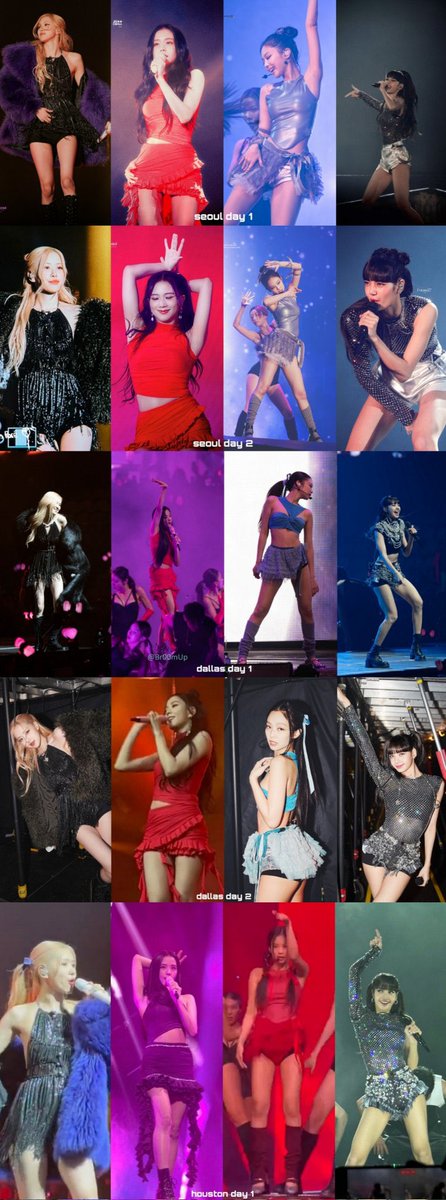 Rose bugünkü hariç tüm konserlerde aynı elbiseyi giymiş, jisoo bir kere bile farklı bir şey giymedi sadece elbisenin rengi değişti, Lisa da sanırım iki defa değiştirmiş ama şirketin #1 torpillisi bugünkü de dahil olmak üzere her konser farklı kıyafetler almış şirketin bunu zorla+