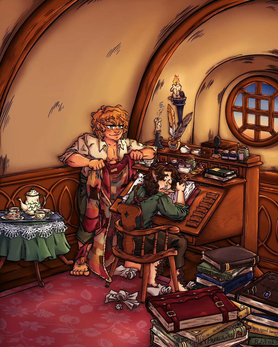 🧑🏻 A Well Deserved Rest 👱🏽 

Hey y'all long time no post! I'm finally able to share my full illustration for the Whether or No Sam/Frodo Zine. I wanted to do an illustration of these two post journey and simply living their best lives 😌