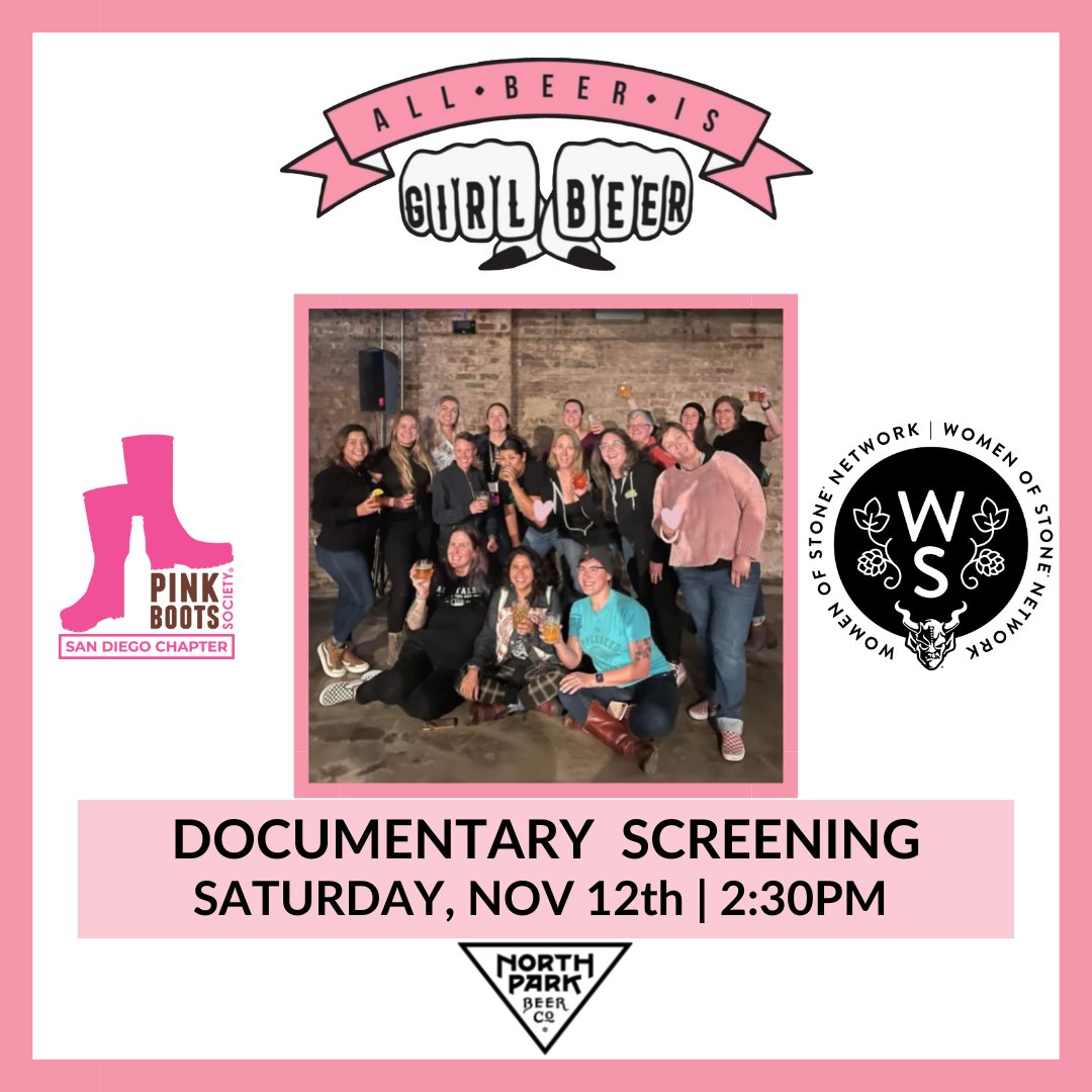 GirlBeerDoc's tweet photo. Join @pinkbootsbeer's #SanDiego chapter and the Women of Stone Network for a screening of #GirlBeer at @NorthParkBeerCo on November 12th! This is a FREE EVENT and an RSVP ticket is required. RSVP HERE: https://t.co/ZIldpglJdP... 🍻 https://t.co/kYOdR2Zp51