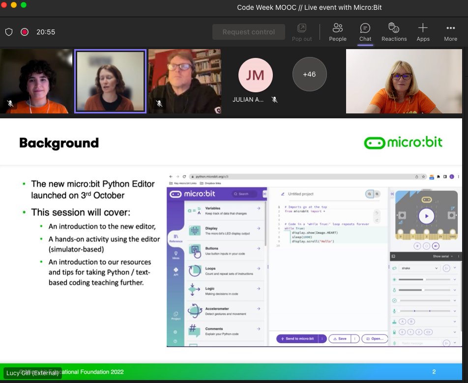 abfromz's tweet image. Life long learning with Micro:bit Educational Foundation
@microbit_edu An introduction to teaching text-based coding with the new micro:bit Python Editor for the participants of the #codeweek #codeweekbootcamp #MOOC @eugenia_eun @tommaso_eun @CodeWeekEU #python #microbit