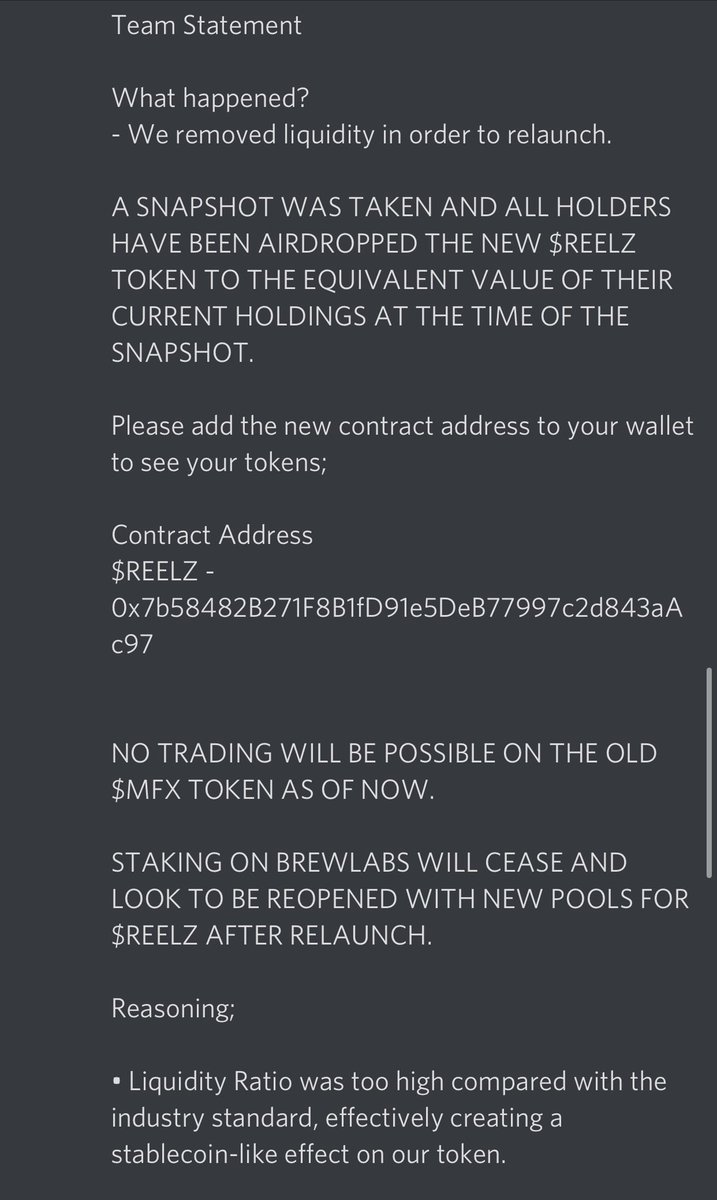 JayStonkzz's tweet photo. Beware of #MetFX $MetFX now trying to relaunch as #Reelz $Reelz . Removed all liquidity after nothing but sell volume, see screenshot below of teams response. I call BS and would personally stay away. Rinse & repeat?
Only #Watch2Earn platform I’m buying is #MContent
DYOR https://t.co/OwG43eaarT