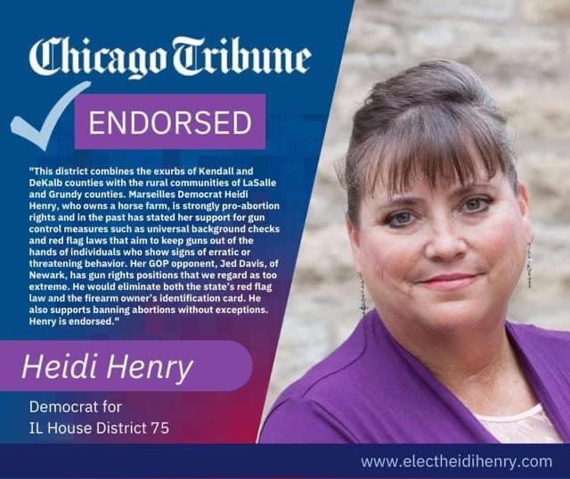KCILIndivisible's tweet photo. @chicagotribune Endorses Heidi Henry for IL 75Th!!  
@KCDemocrats @GrundyLaSalleIn @IndivisibleIL @lasallecntydems @ildemwmn @grundy_dems https://t.co/pUC3bCVCGY