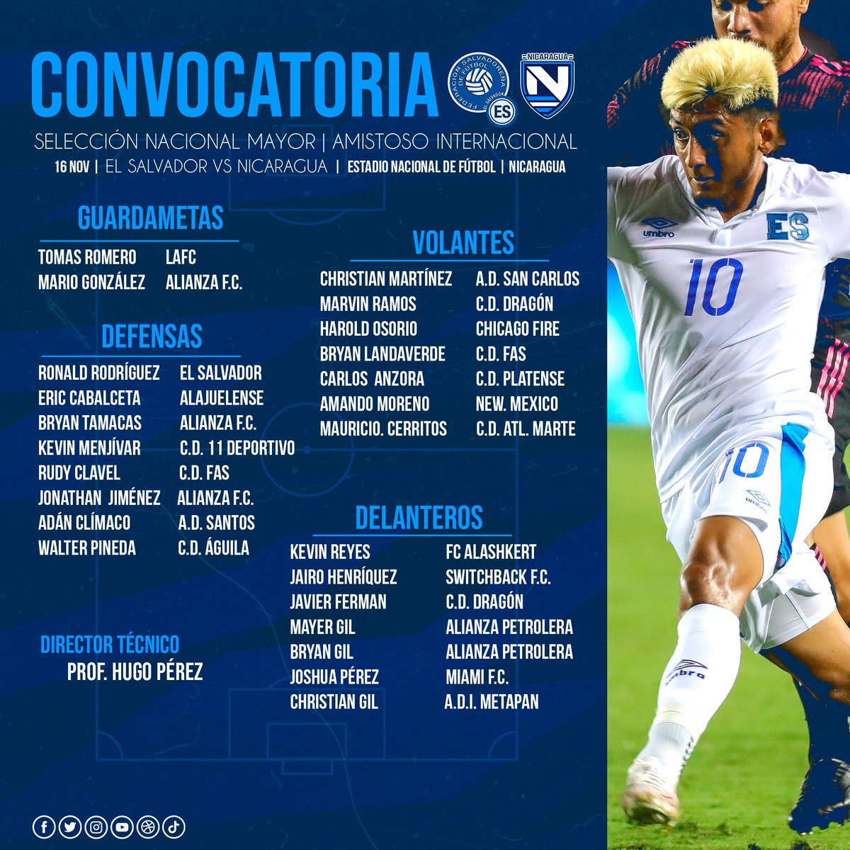 LaSelecta_SLV's tweet photo. ✅ CONVOCATORIA OFICIAL
🔥Listos los convocados del profesor @HugoPerezDT para el juego amistoso internacional frente a @Fenifutnica 🇳🇮
📆 16 de Noviembre 2022
🏟️ Nacional de Managua
⌚️ 8:00 p.m.
#LaSelectaMayor #ElSalvador https://t.co/J6UJwS90HQ