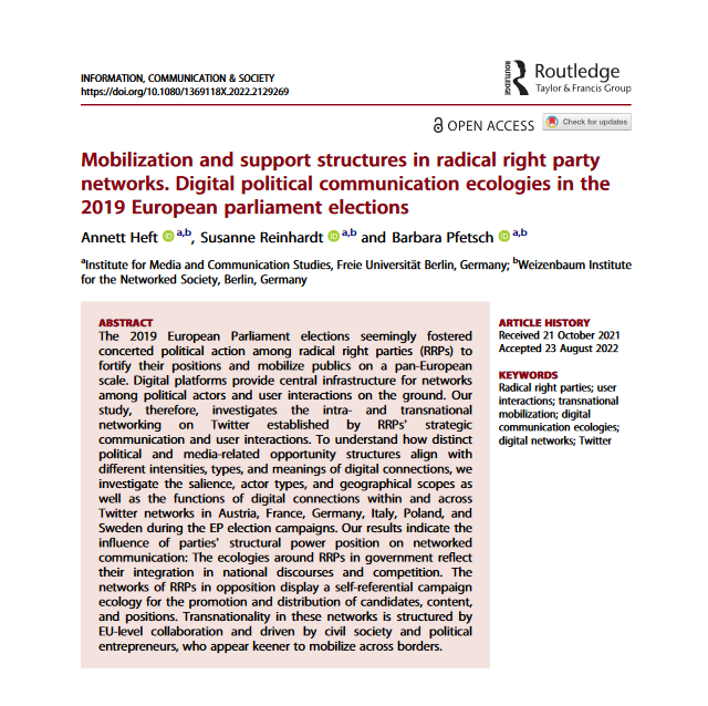 🎉Out now: In our new #OpenAccess paper in <a href="/icsjournal/">icsjournal</a>, <a href="/akheft/">A. Heft</a>, <a href="/barbarapfetsch/">Barbara</a> &amp; I analyze mobilization &amp; support structures in radical right party networks on Twitter in 6 countries during the 2019 EP elections (1/x)
tandfonline.com/doi/full/10.10…