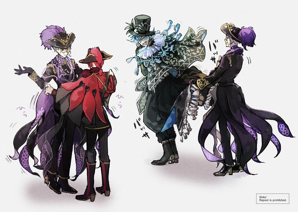 hat multiple boys purple hair boots pants black headwear black pants  illustration images