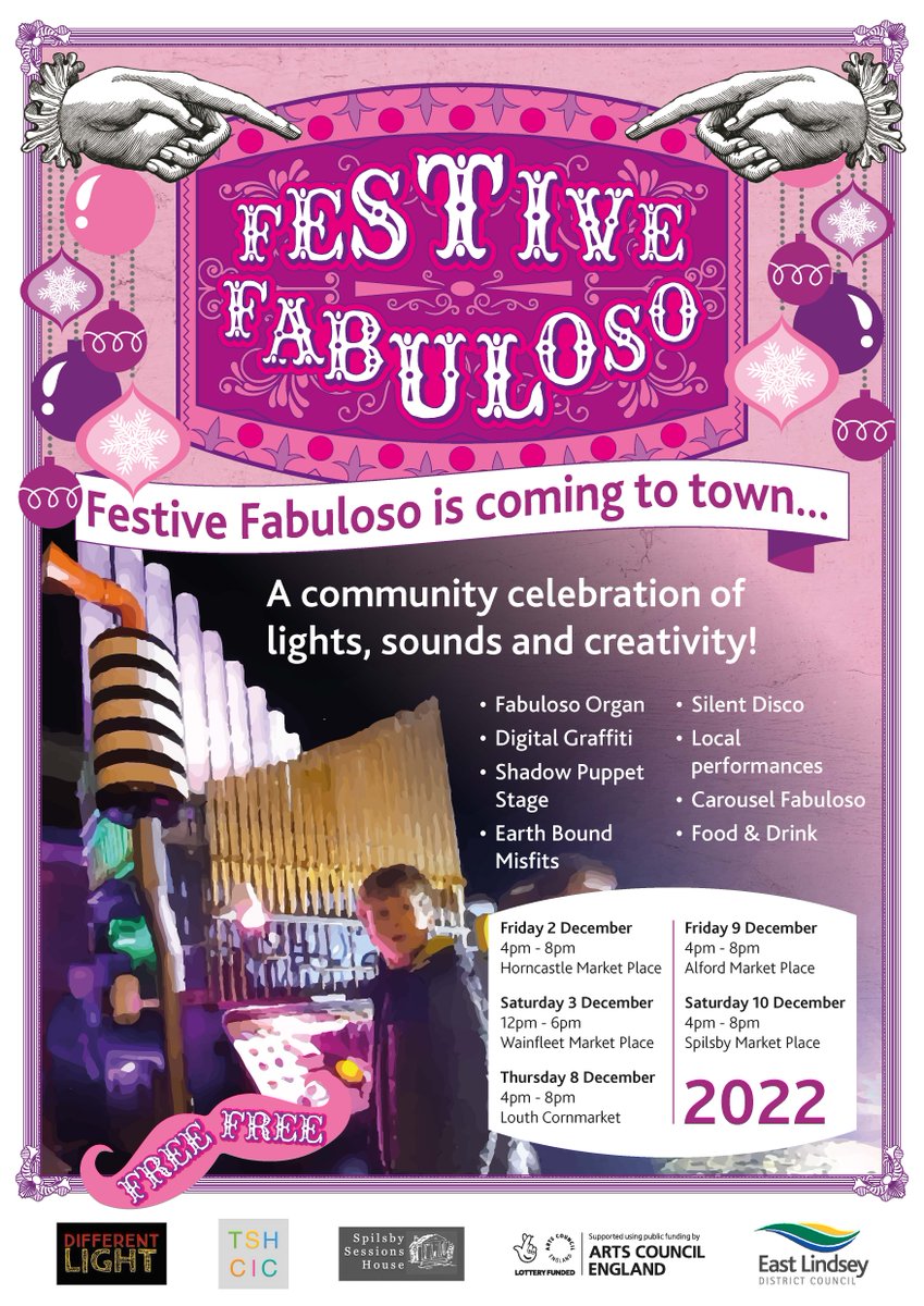 EastLindseyDC's tweet photo. Festive Fabuloso is coming to our market towns following £30,000 funding from the Arts Council.

Alford, Horncastle, Louth, Spilsby and Wainfleet will be brought to life with illuminations, street theatre and more!

Read more about Festive Fabuloso here: https://t.co/W6x7ZGjogn https://t.co/dWSnYEgW4B