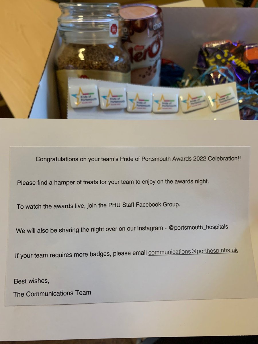 CHOCwardsPHUT's tweet photo. What a lovely treat for our ward staff to enjoy on the Pride of Portsmouth awards night! Thank you @PHU_NHS! We are very proud to be shortlisted and looking forwarding to tomorrow nights celebrations, whoever wins! https://t.co/JCxJ0xE8xJ