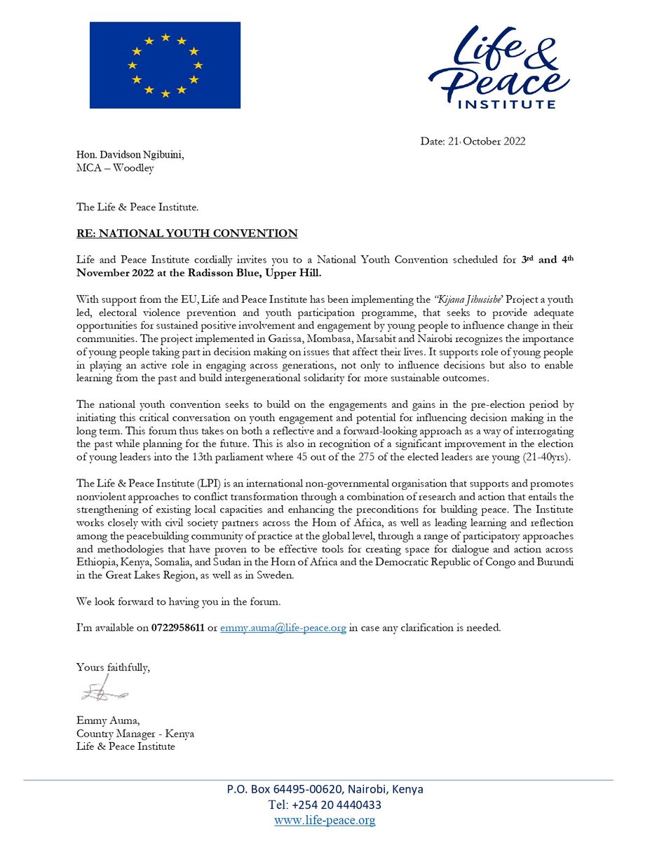 I'm excited to be speaking at the #NationalYouthConvention happening tomorrow morning in Woodley/Kenyatta Golf Course Ward, Nairobi County. The Youth, as I have always said, are an integral part of our society. I'm eager to share more on the Access of Opportunities for Youth.
