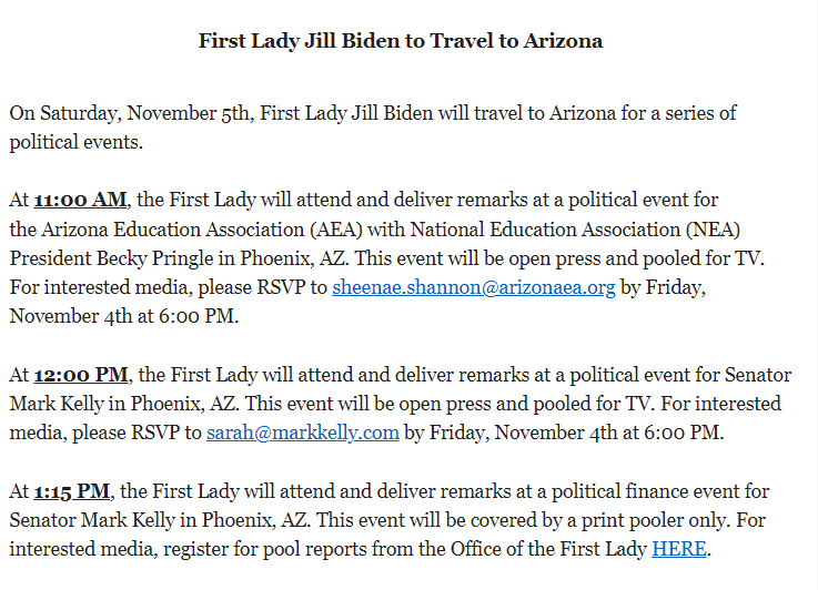 brahmresnik's tweet photo. JUST IN @FLOTUS heads to Phoenix Saturday for event w teachers union & event/fundraiser for @SenMarkKelly. #AZSEN https://t.co/brKgd91lkQ