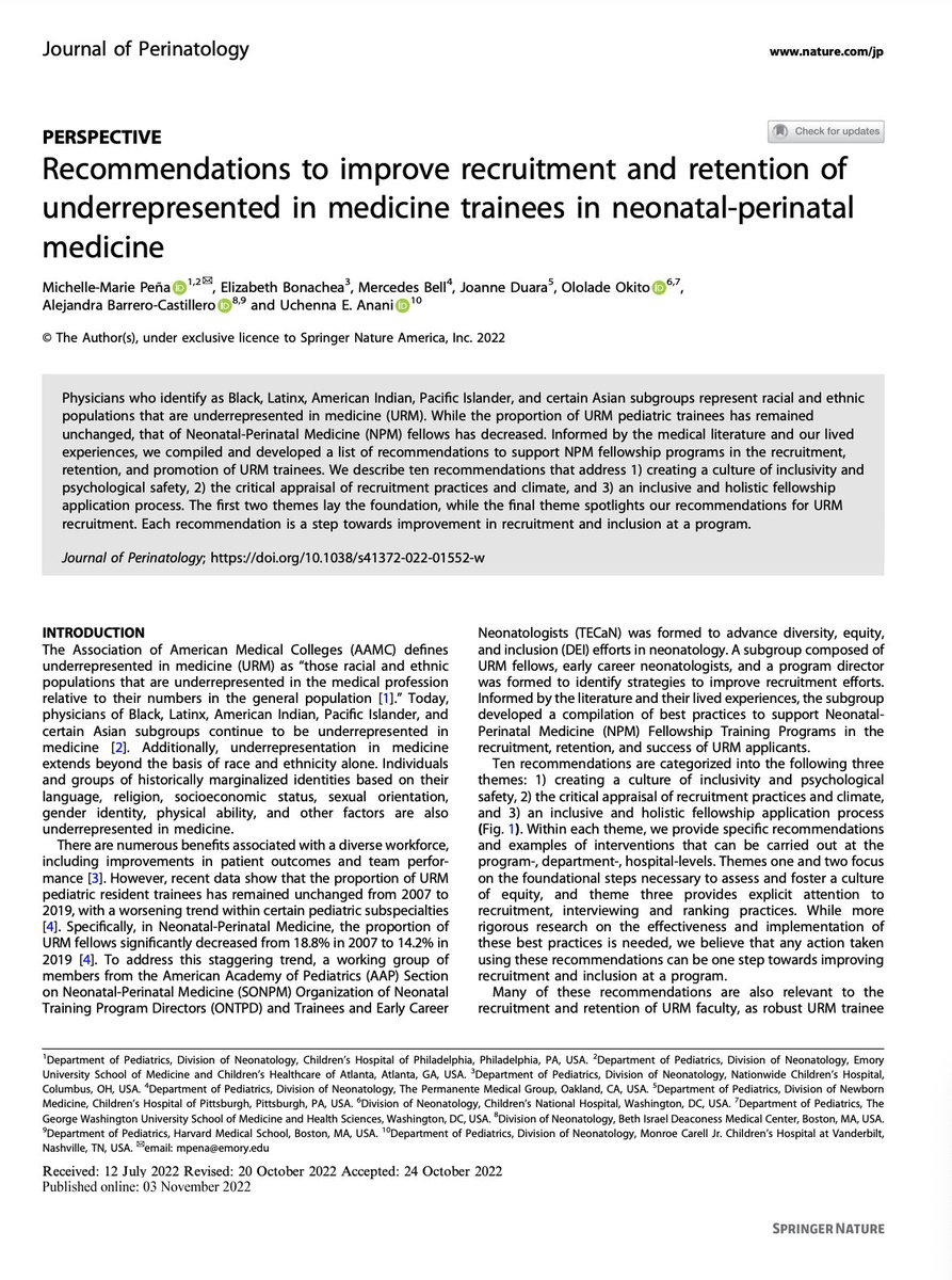 🚨PUBLICATION ALERT🚨 Honored to share our pub 'Recommendations to improve recruitment & retention of URM trainees in NPM.' Inspired by this team who became dear friends as we shared and bonded over our lived experiences. #RepresentationMatters rdcu.be/cYSMm