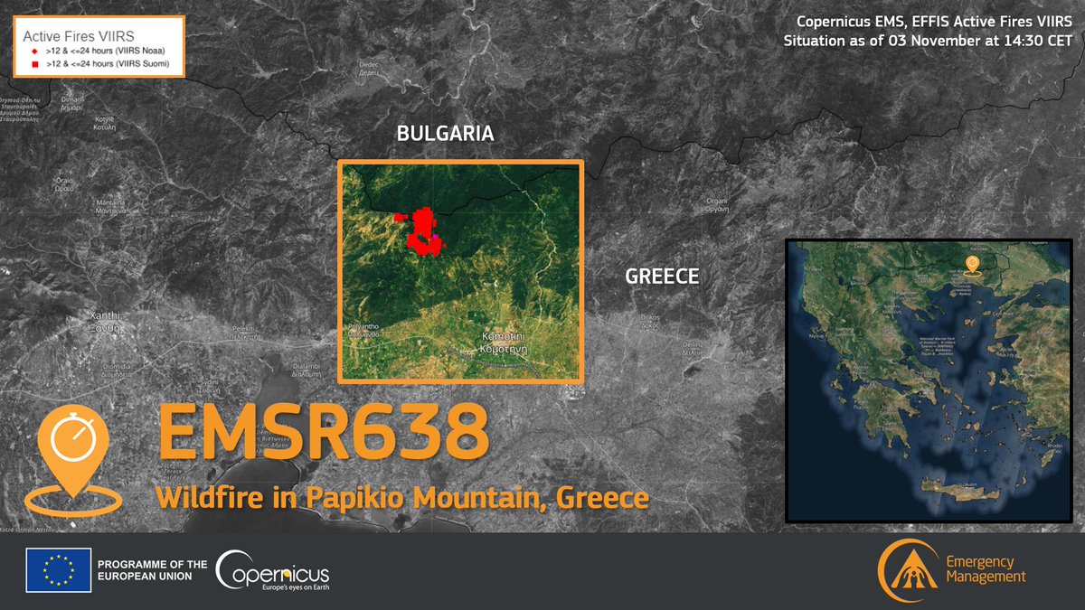 CopernicusEMS's tweet photo. #EMSR638
Our #RapidMappingTeam has been activated to monitor the consequences of the #wildfire🔥 along the slopes of the #Papikio Mountain, north of #Komotini, in northeastern #Greece🇬🇷, at the border with #Bulgaria🇧🇬
More at👇
🔗https://t.co/fxaZjFbm0O https://t.co/NYJg2nXq5R