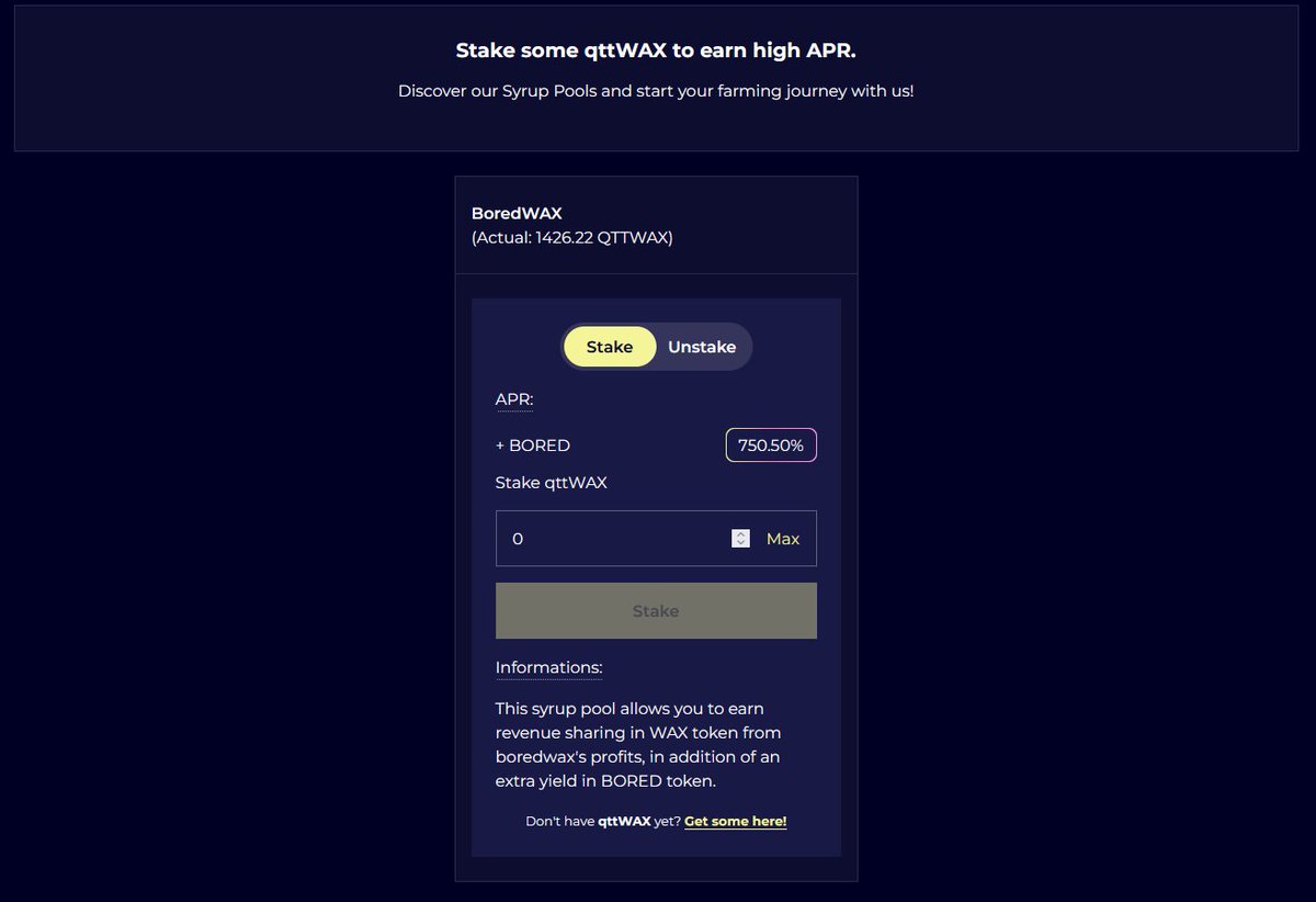 Big Day for <a href="/QTTGuild/">QTradingTheory</a>  ! 🎉

You can now farm with your QTTWAX on app.stake-wax.io/farm#r=3 ! 😍

This syrup pool makes you earn BORED Tokens on the future <a href="/BoredWax/">BoredWAX</a>  platform ♥️