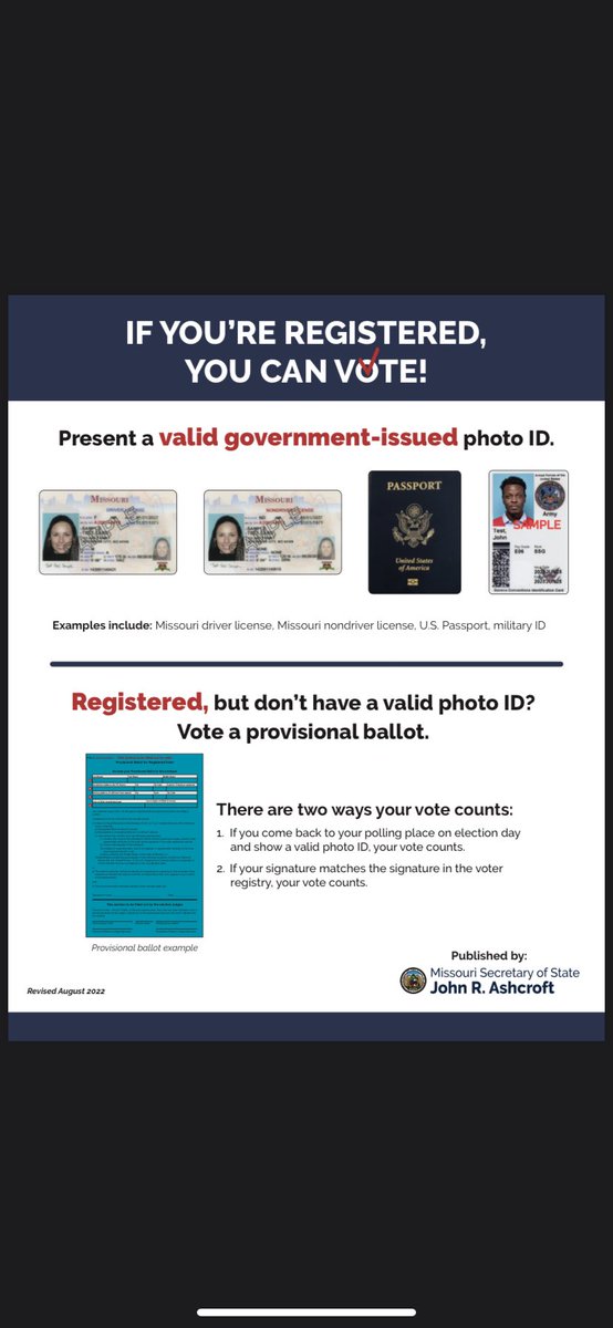 Unsure of what will serve as a valid ID? This diagram lists forms of valid ID to bring with you. Election Day is November 8th, 2022. You are able to vote in-person early from October 25th-November 7th without having to give an excuse! Questions? Contact adp@ucmo.edu