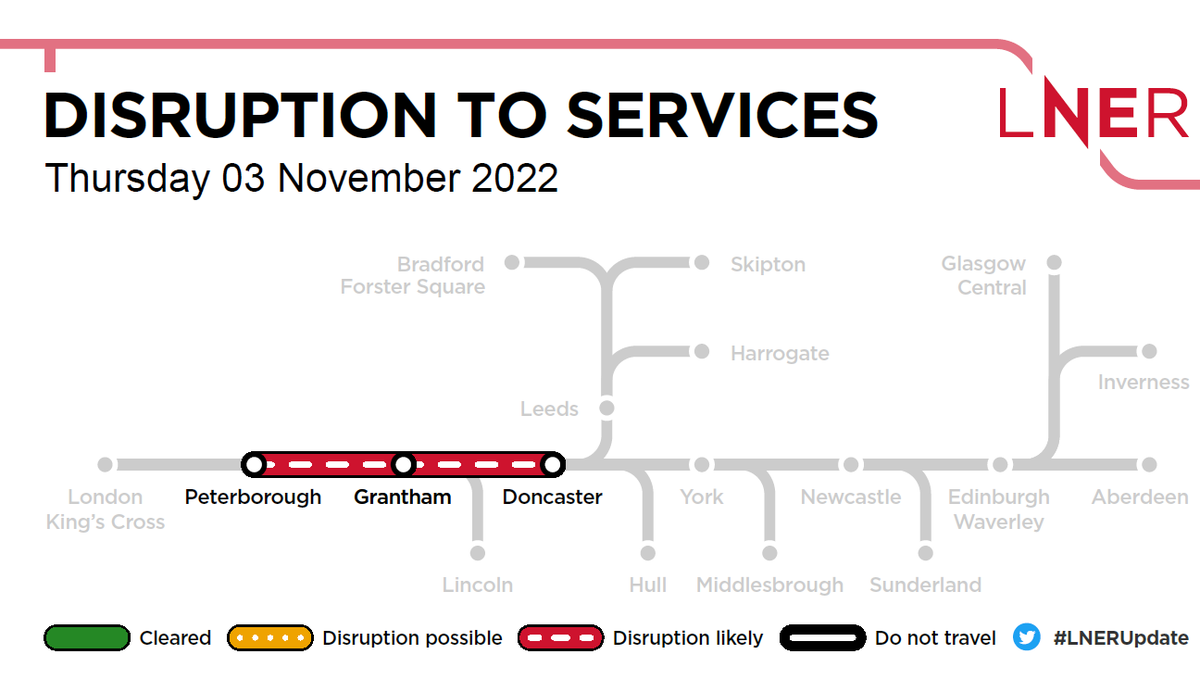 LNER's tweet photo. ⚠️#LNERUpdate It is with great sadness to report that a person has been hit by a train between #Doncaster and #Peterborough.

Services are subject to delays and short-notice amendments. For live service updates: https://t.co/OmFNCx20Bz https://t.co/UI0vt9SdlB