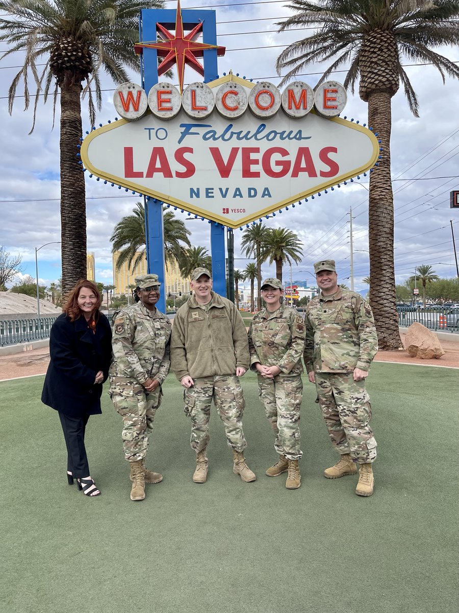 ClarkCountyNV's tweet photo. Happy 75th Birthday U.S. Air Force!

In celebration, Cmsr. @MKNVspeaks &amp; Col. Jason Wild turned the Las #Vegas sign lights “Air Force blue” today. 

The anniv. also marks the return of Aviation Nation 2022 this weekend Nov. 5 &amp; 6. The first air show in 3 years at @NellisAFB! https://t.co/SSGK7PDLmy