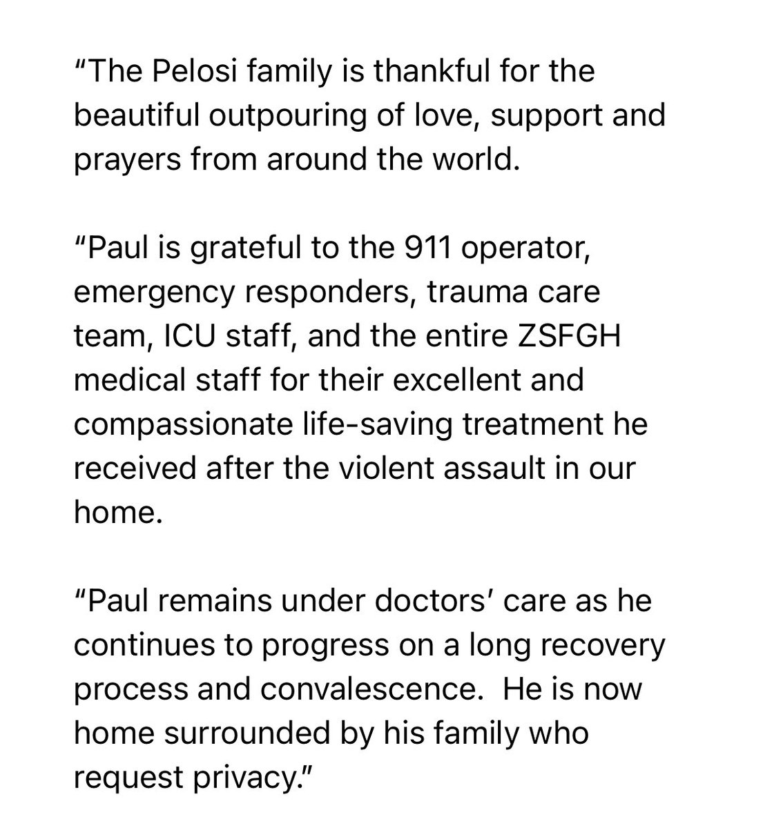 A new Pelosi statement in Paul Pelosi’s release from the hospital and “long recovery”