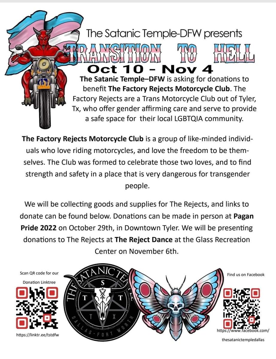 SatanicDfw's tweet photo. Howdy! Our fundraiser ends tomorrow!!! Please share, like or donate to help support The Factory Rejects, a trans motorcycle community out in east Texas. https://t.co/wWtiq3l7Zs