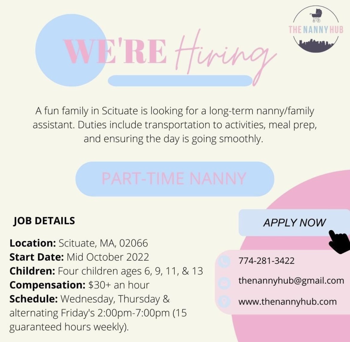 hub_nanny's tweet photo. We are looking to fill these positions ASAP! We are a nanny owned and operated boutique nanny agency looking for two people to join our team! 

Send resumes to thenannyhub@gmail.com https://t.co/wyUnX57jpq