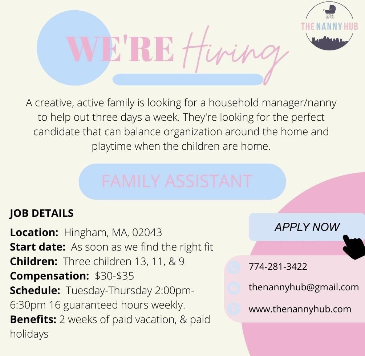 We are looking to fill these positions ASAP! We are a nanny owned and operated boutique nanny agency looking for two people to join our team! 

Send resumes to thenannyhub@gmail.com
