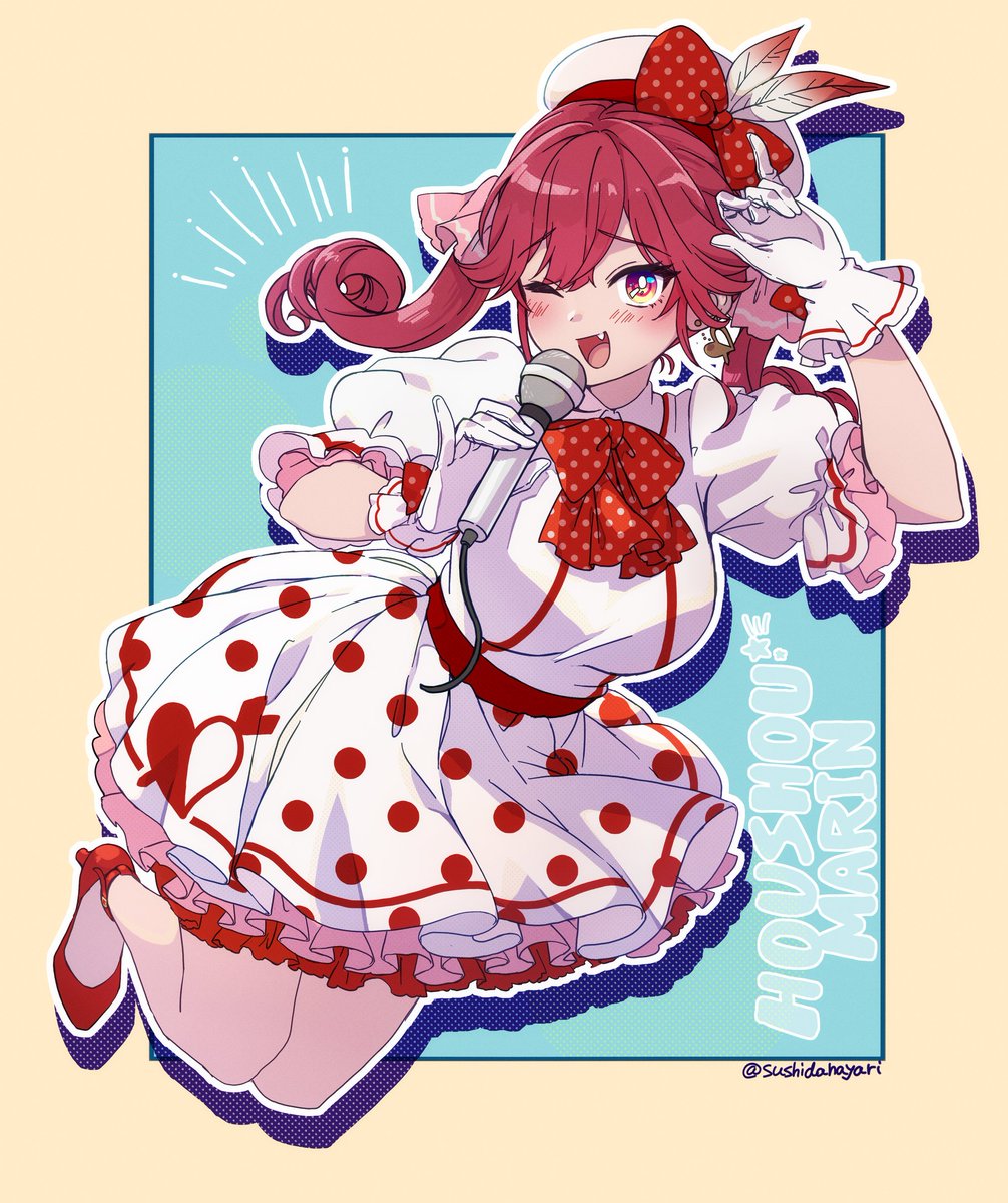 1girl microphone one eye closed gloves solo bow red hair  illustration images