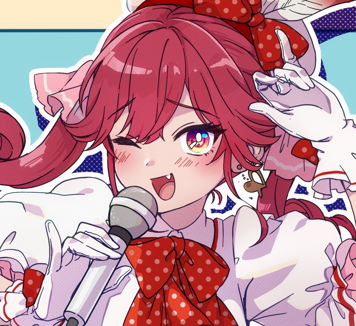 1girl microphone one eye closed gloves solo bow red hair  illustration images