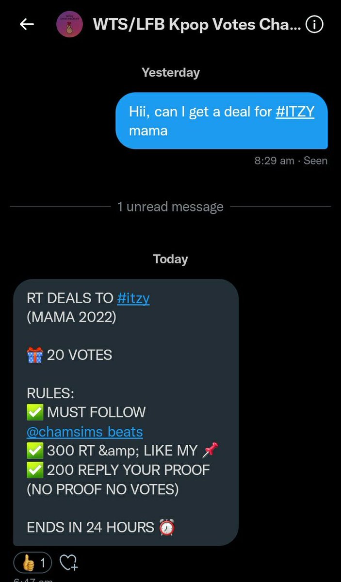 RT DEALS TO #itzy 
(MAMA 2022) 

🎁 20 VOTES

RULES:
✅ MUST FOLLOW <a href="/chamsims_beats/">WTS/LFB Kpop Votes Chamsims&beats FOR SALE</a>
✅ 300 RT &amp;amp; LIKE MY 📌
✅ 200 REPLY YOUR PROOF (NO PROOF NO VOTES)

ENDS IN 24 HOURS ⏰