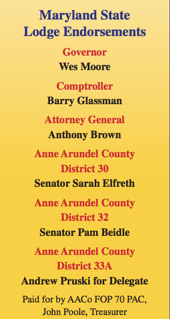 AAFOP70's tweet photo. Here is a list of Maryland State FOP Lodge endorsed candidates in Anne Arundel County.  Please support those candidates who support us! https://t.co/pP9IxLWECV