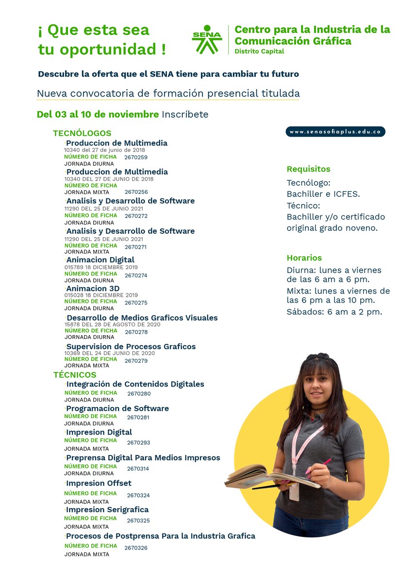 DorisArment's tweet photo. ¿Qué tal si empiezas a cumplir tus metas y sueños ahora?✍️
1️⃣No te pierdas nuestras convocatorias de formación presencial ingresa a:👉 https://t.co/NYhkCiUlqe
2️⃣Inscribete entre el 03 y el 10 de noviembre
¡Estás a un clic!  #EstudiaEnElSena
@SENAComunica
@SENADttoCapital https://t.co/Kf2AH5ikoZ