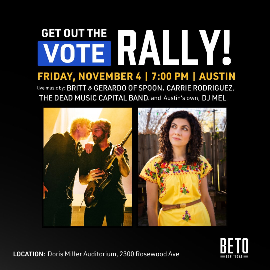 Britt & Gerardo are doing a stripped-down amped-up set tomorrow @ the @BetoORourke rally in Austin. Come see them play along w/ Carrie Rodriguez and DJ Mel, but more importantly, come & hear the man speak. 7pm at Doris Miller Auditorium. Please RSVP here: mobilize.us/betofortexas/e…