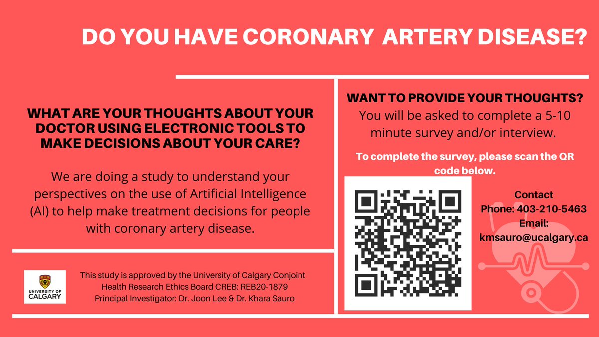 Patients with coronary artery disease and their caregivers are invited to participate in a #UCalgary research study, “Leveraging Artificial Intelligence to Transform Coronary Artery Disease Patient Care.” To participate, complete a brief survey: survey.ucalgary.ca/jfe/form/SV_cv…