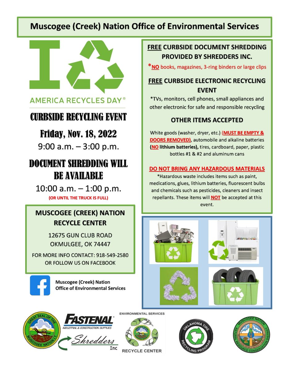 Join MN Environmental Services in celebrating America Recycles Day at the Recycle Center in Okmulgee! Bring any items of yours in need of recycling! There will be document shredding & electronic recycling available as well #FosteringAdvocacy

For more info, call: 918-549-2580