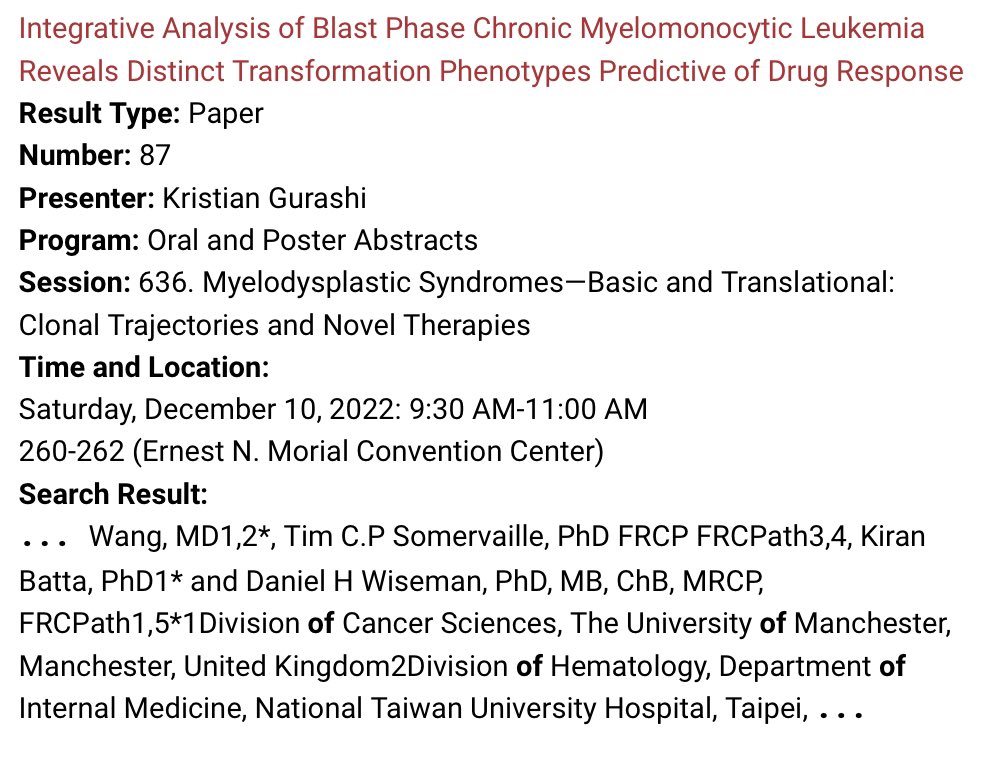 Finally out! #ASH22 #MDSsm attendees, please come and join me in this very interesting session of talks. I will present how use of #unsupervisedlearning via #ML #multiomics #dataintegration can help us understanding phenotypes and predict drug responses of leukaemia blast cells