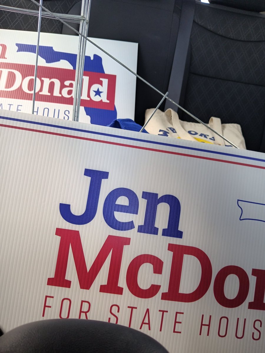 JenMcDonaldFL's tweet photo. @camilacisss Live from @JenMcDonaldHD65 campaign manager's car? More yard signs out for delivery in between meetings. https://t.co/ginNtww87a