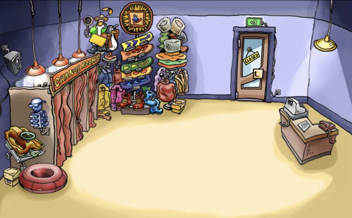 ThatPenguinGame's tweet image. 17 years ago today, the Sports Shop room was released. It was originally released to be another spot to buy Clothes if the Gift Shop Room was full. Although over the year it got it&apos;s own unique Catalog, and even being used as a Secret Entrance for Special Penguins.