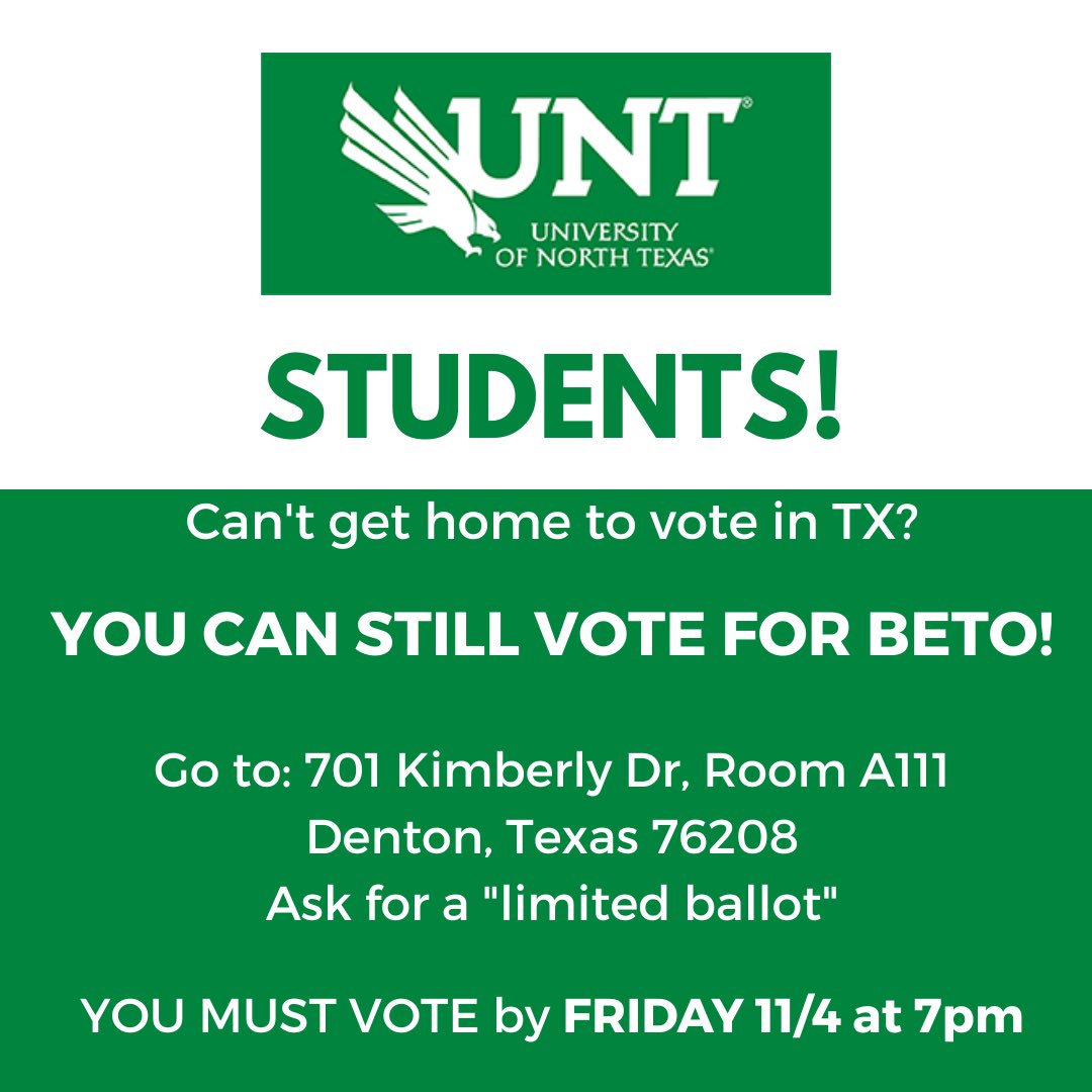 Whether you’re from Grapevine, Laredo, El Paso, or anywhere in between, we get it. Texas is a big state. So if you can’t make it home to vote, we have your back. You can still vote for statewide candidates right here in Denton.